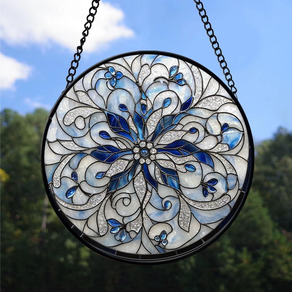 Spooksy™ Holiday Gift - Christmas Snowflake Halloween Round Xmas Stained Glass Hanging Ornament - Classic Christmas Tree Decoration, Great Holiday Gift for Dad, Mom, Family & Friends