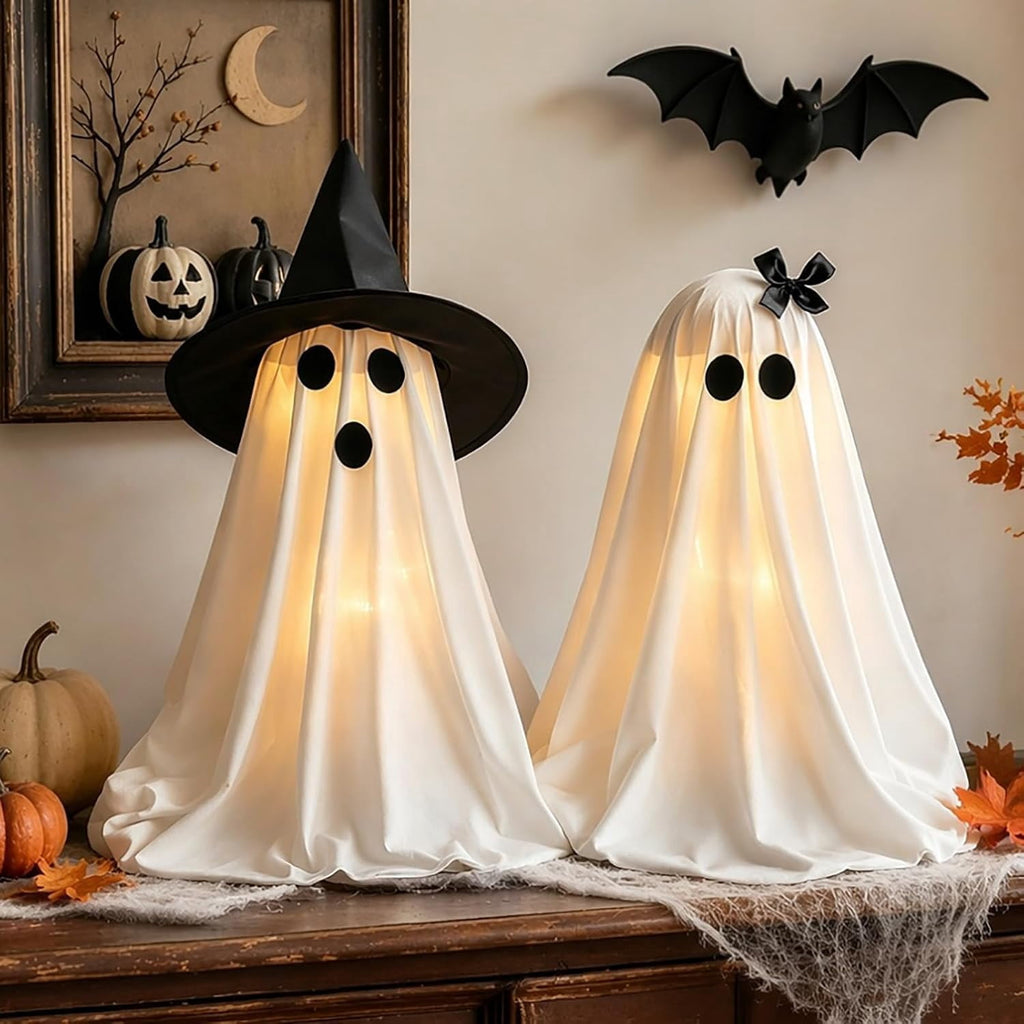 Spooksy™ 2PCS Halloween Ghost Light Set Decoration, Cute Ghost Light up for Home Halloween Party Tabletop Kitchen Counter Fireplace Mantle Decoration