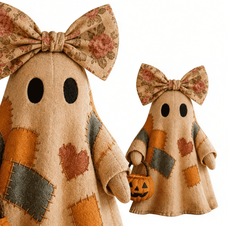 Spooksy™ 2PCS Lighted Vintage Patchwork Ghost, 13.8" Halloween Warm Lighted Centerpiece for Indoor Desk Ornaments, Tradition Patchwork Design Gifts for Family Party Favors