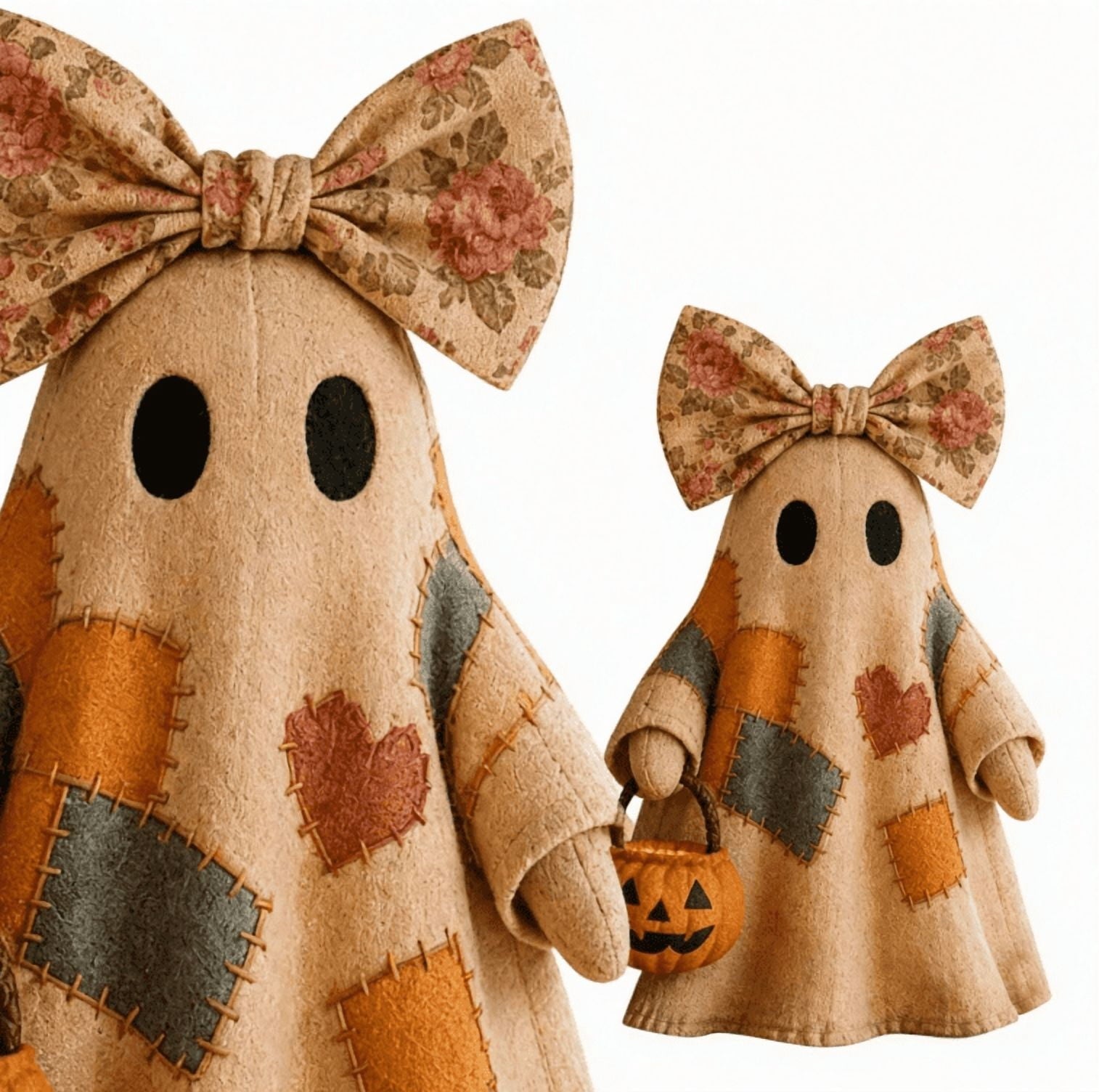 Spooksy™ 2PCS Lighted Vintage Patchwork Ghost, 13.8" Portable Glowing Ghost Design Birthday Gifts with Pumpkin Buckets, Halloween Indoor Room Decor, Floral Bow Halloween Theme Ornaments for Students