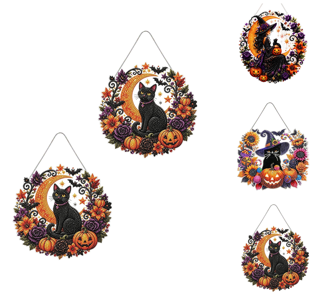 Spooksy™ 3Pcs Halloween Witch Diamond Art Hanging Ornament Kit,8.26 Inch Halloween Diamond Art, Suspended Ghost Feline, Pumpkin Autumn Crafts, Double Sided Prerendered Shading Pendant