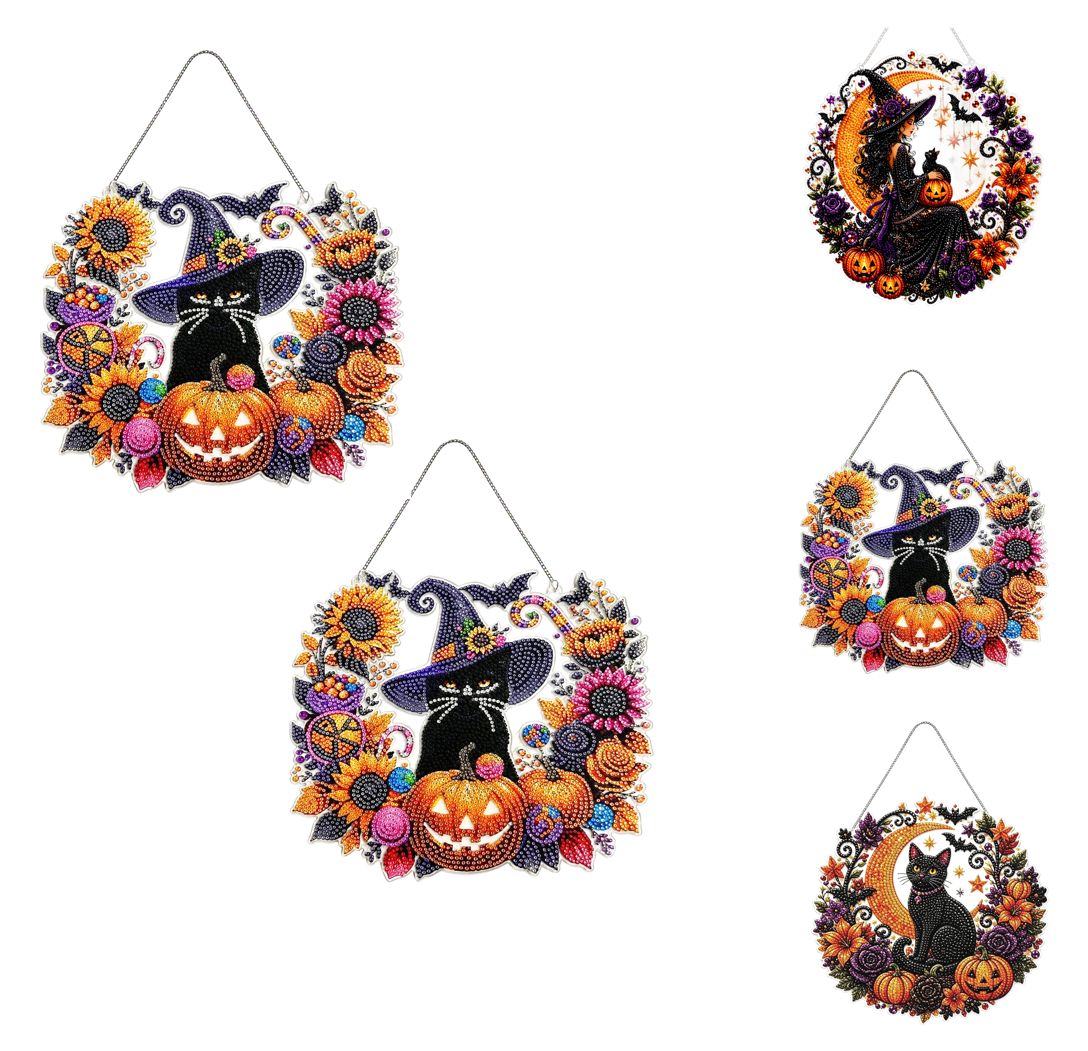 Spooksy™ 3Pcs Halloween Witch Diamond Art Hanging Ornament Kit,8.26 Inch Halloween Diamond Art, Suspended Ghost Feline, Pumpkin Autumn Crafts, Double Sided Prerendered Shading Pendant