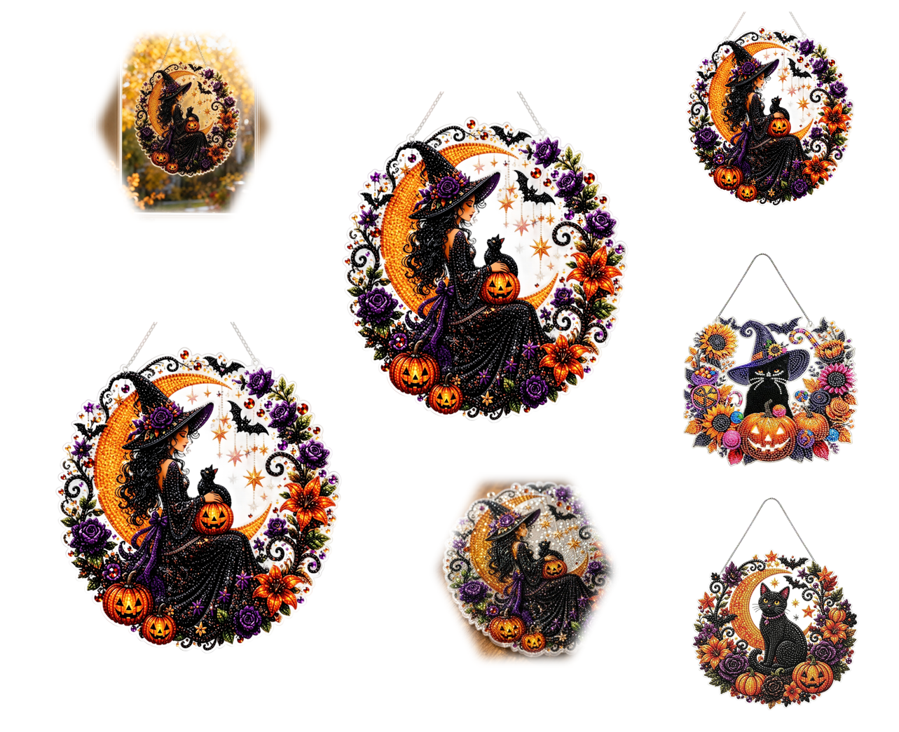 Spooksy™ 3Pcs Halloween Witch Diamond Art Hanging Ornament Kit, 8.26 Inch Halloween Black Cat Moon Diamond Art Hanging Ornament Kit, Hanging Halloween Decorations for Home, Black Cat Halloween Decor