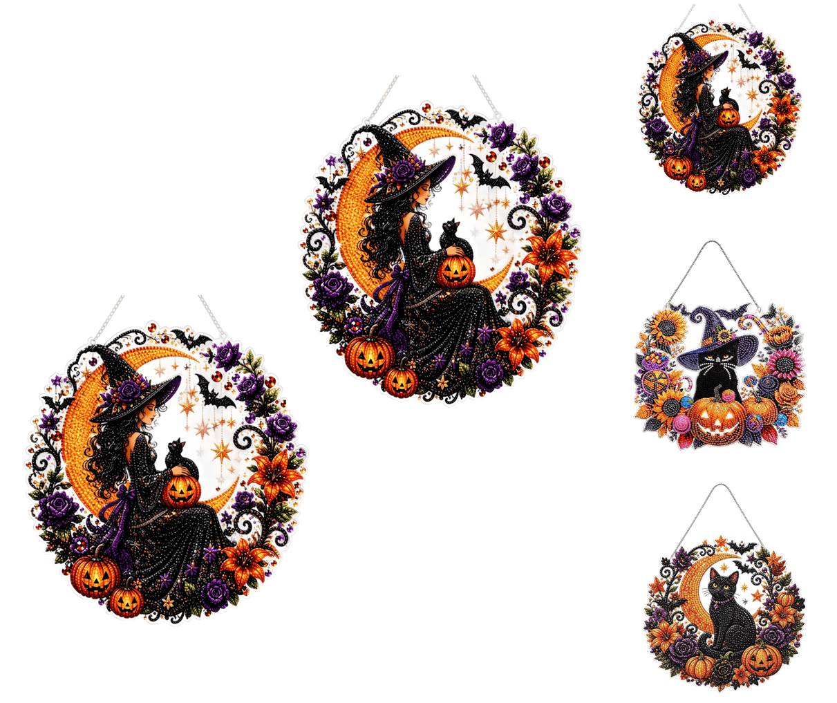 Spooksy™ 3Pcs Halloween Witch Diamond Art Hanging Ornament Kit,8.26 Inch Halloween Diamond Art, Suspended Ghost Feline, Pumpkin Autumn Crafts, Double Sided Prerendered Shading Pendant