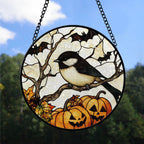 Spooksy™ Bedroom Christmas Gift - Halloween Chickadee Christmas Stained Glass Hanging Ornament - Nature-Inspired Holiday Tree Decoration, Xmas Gift for Mom, Dad, Family, Friends