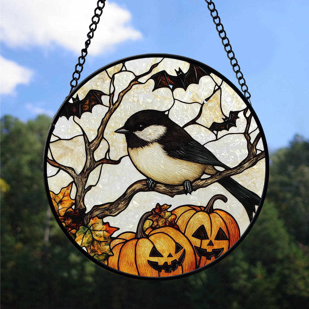 Spooksy™ Bedroom Christmas Gift - Halloween Chickadee Christmas Stained Glass Hanging Ornament - Nature-Inspired Holiday Tree Decoration, Xmas Gift for Mom, Dad, Family, Friends