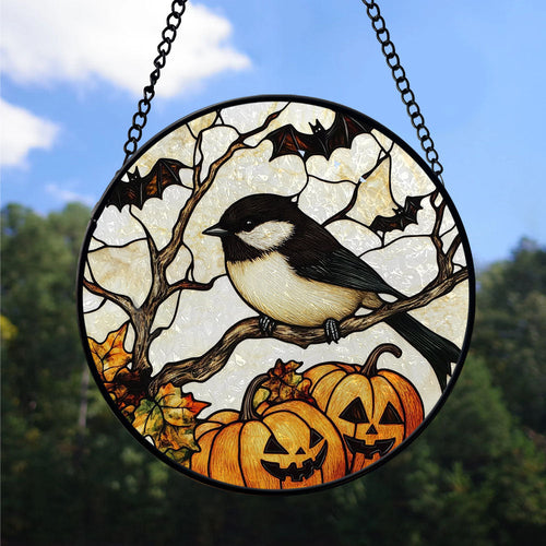 Spooksy™ Bedroom Christmas Gift - Halloween Chickadee Christmas Stained Glass Hanging Ornament - Nature-Inspired Holiday Tree Decoration, Xmas Gift for Mom, Dad, Family, Friends
