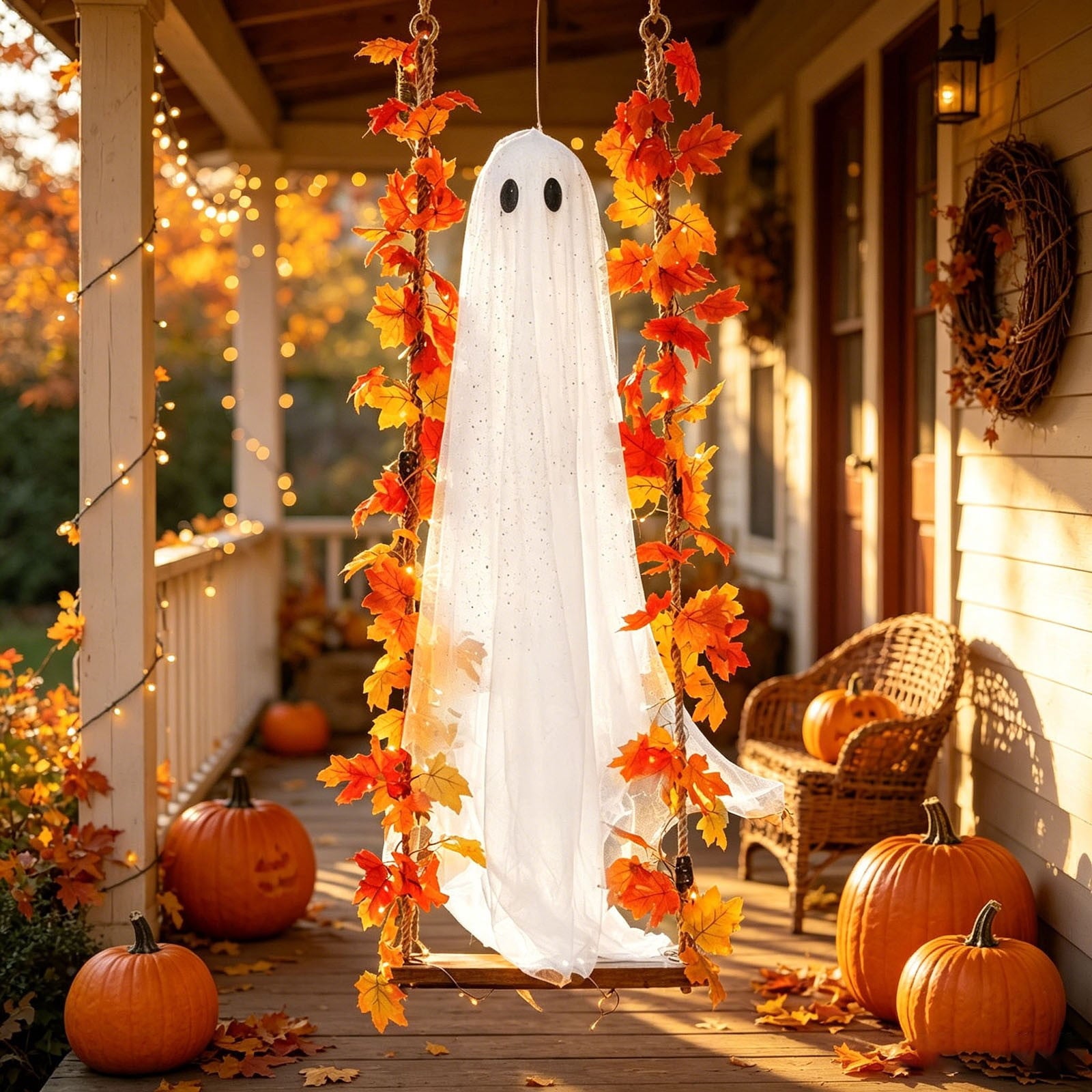 Spooksy™ Nnndbs Maple Leaf Mesh Ghost Hanging Ornament, Halloween Autumn Leaf Decor for Window Door Display, Spooky Fall Home Accent`