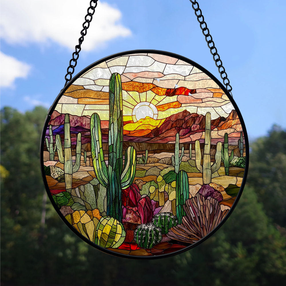Spooksy™ Seasonal Christmas Gift - Cactus Halloween Christmas Stained Glass Hanging Ornament - Holly & Pine Holiday Tree Decoration, Gift for Friends, Family, Mom & Dad