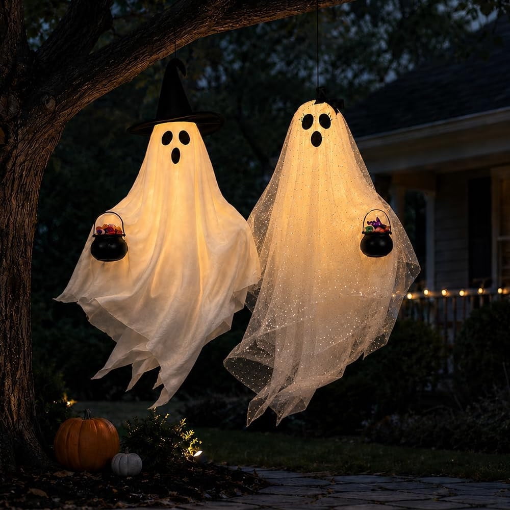 Spooksy™ Halloween Hanging Ghost Witch Hat Decorations 2 Pack Couple Ornaments, Outdoor Yard Garden Hanging Decor With Bow And Cauldron Accents, Front Porch Holiday Party Decoration
