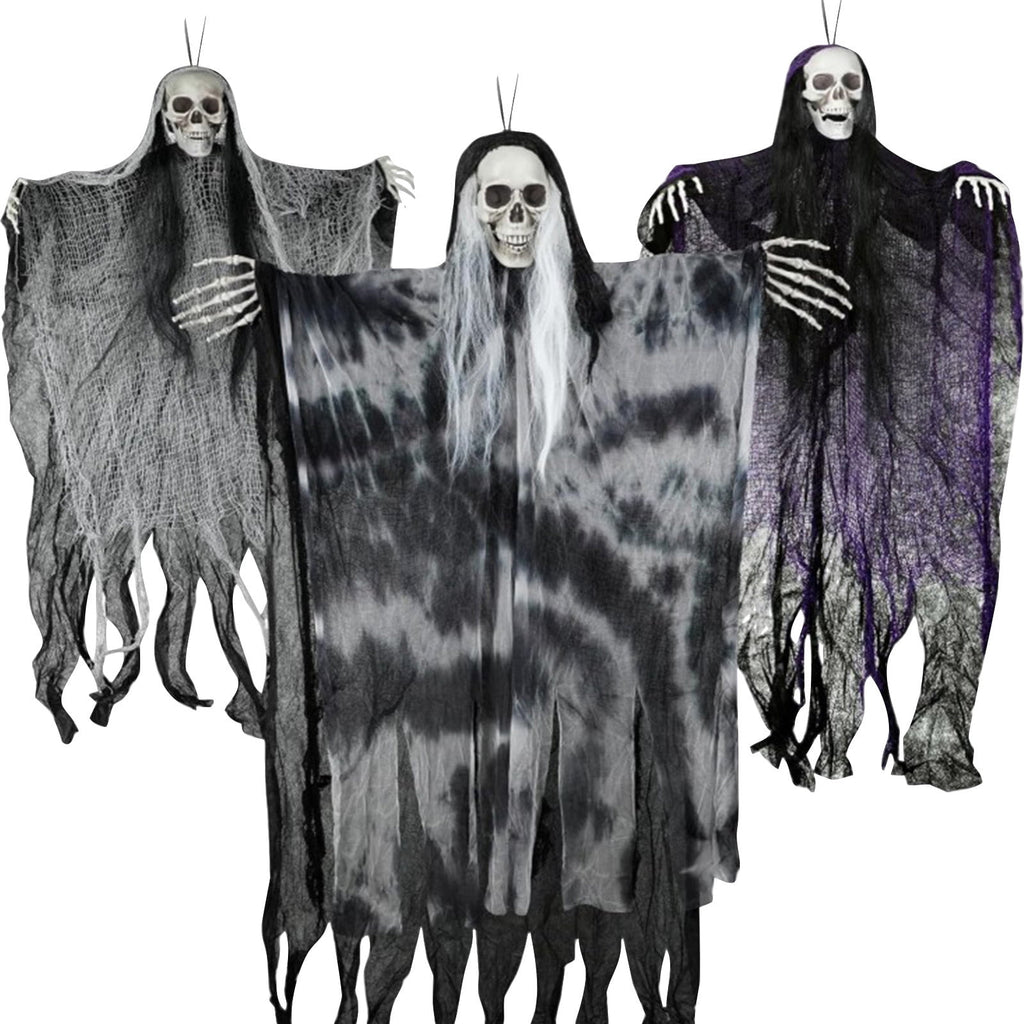 Spooksy™ 3 Pcs Hanging Halloween Skeleton Ghosts Decorations, Halloween Ornaments Outdoor/Indoor, Hanging Grim Reapers Halloween Decorations for Tree Yard Window Garden