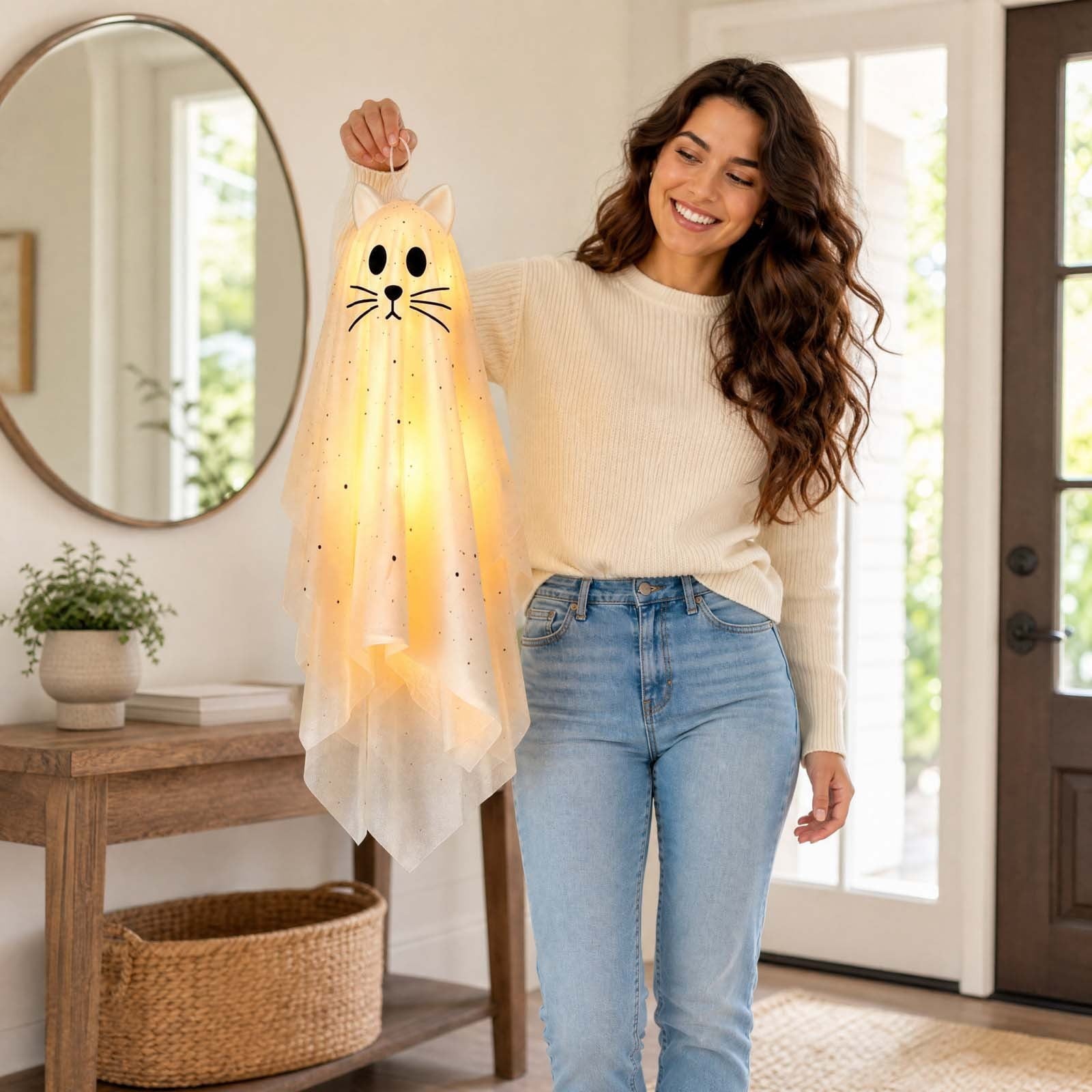Spooksy™ Hanging Ghost Decorations, 3 Pack Light Up Cat Ghost Ornaments with Warm LED Lights Glitter Fabric Floating Design, Cute Spooky Halloween Decor for Porch Tree Yard Indoor Outdoor