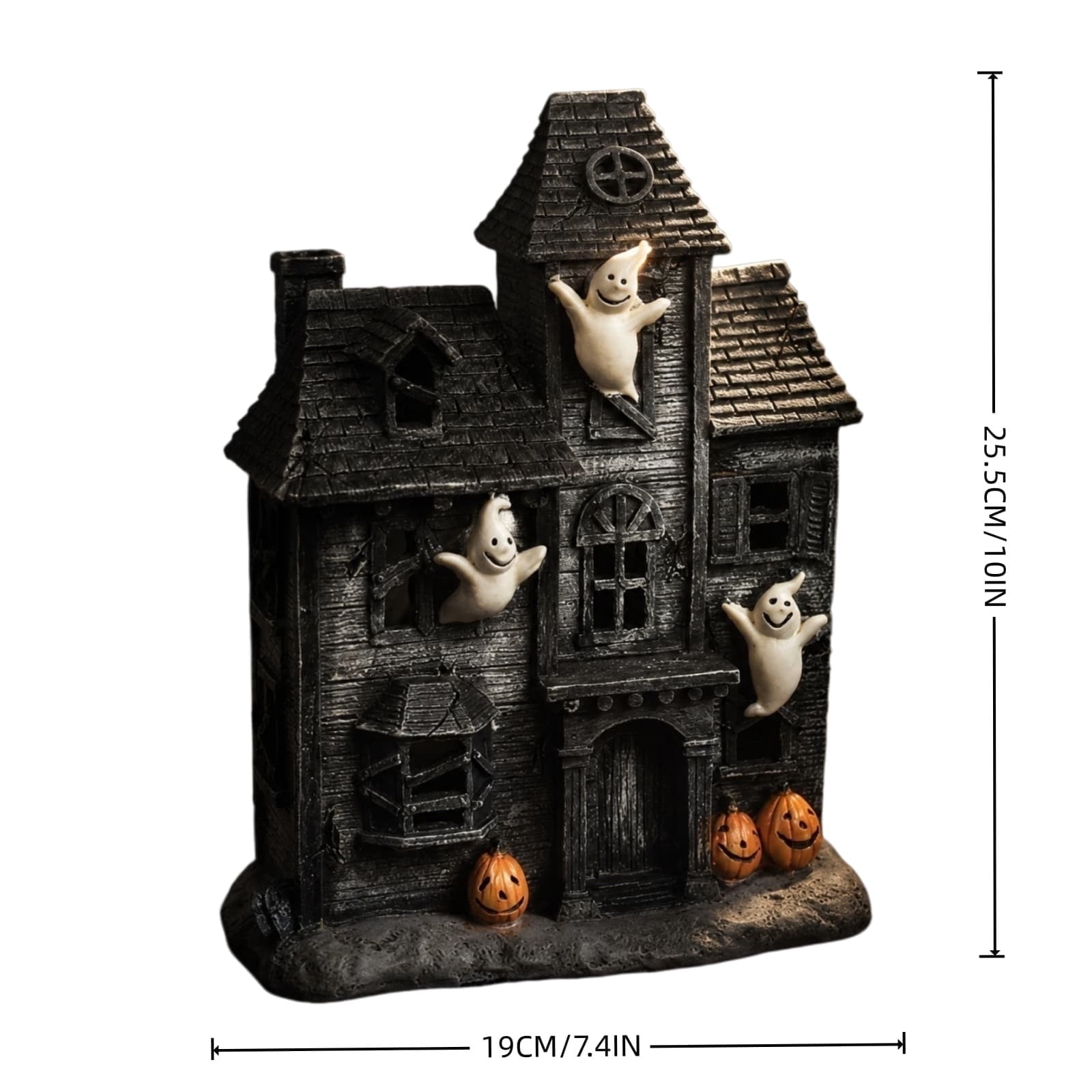 Spooksy™ Haunted House Figurine with Ghosts and Pumpkin Decor, Vintage Style Hanging Ghost Ornaments, Halloween Mantel Shelf Tabletop Centerpiece for Indoor Party