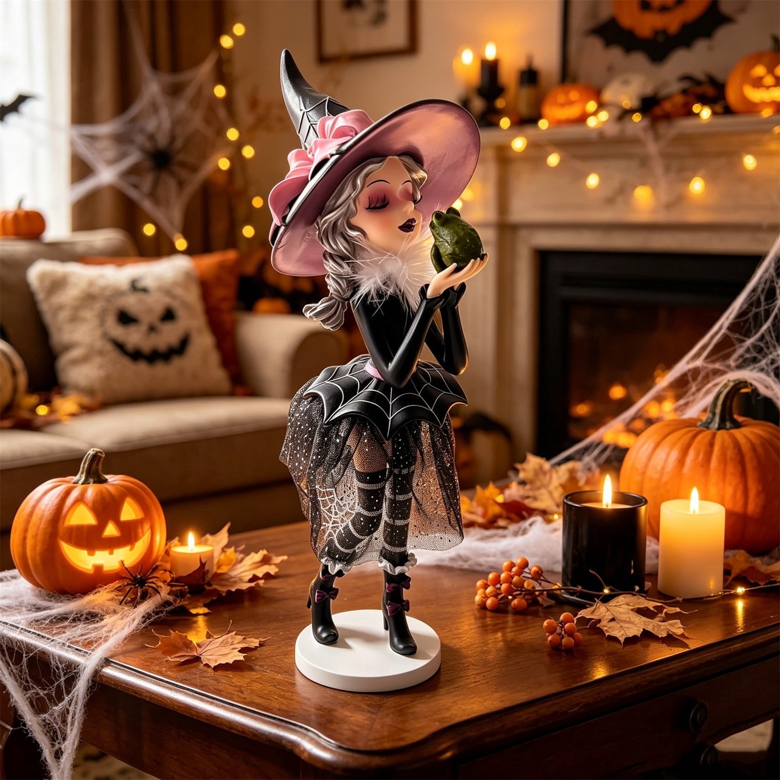 Spooksy™ Halloween Cute Witch Resin Figurine, Stable Base Vintage Mesh Skirt Tabletop Statue, Family Friendly Whimsical Holiday Ornament, Decor for Mantel Shelf Entryway Halloween Party Table