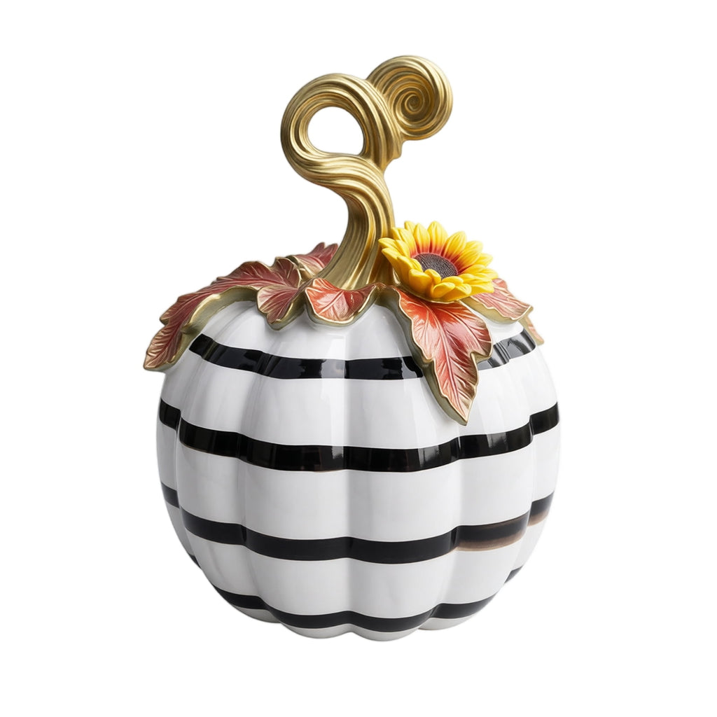 Spooksy™ GIPQJK Resin Pumpkin Decoration Sculpture, Black White Striped Halloween Ornament with Gold Bow, Retro Garden Pole Prop for Party Home Decor, 1 Piece A