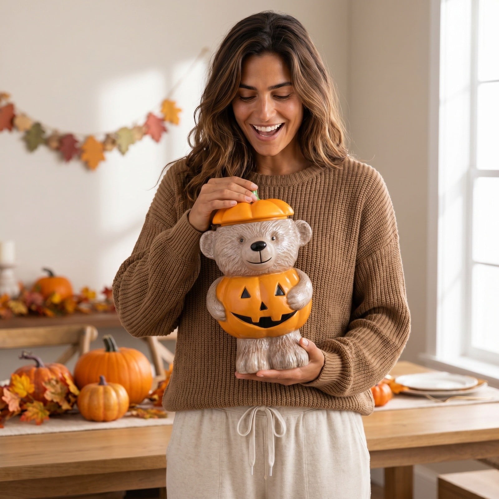 Spooksy™ Halloween Pumpkin Teddy Bear Candy Jar, Festive Snack Storage Container Decorative Resin Ornament, Cute Display Candy Holder for Kitchen Table Party Halloween Home Decoration Gift