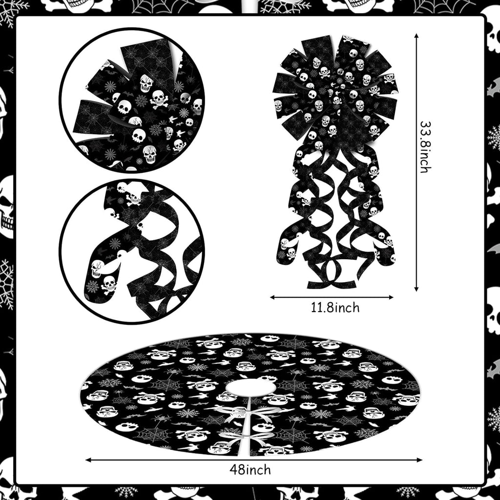 Spooksy™ Black Gothic Christmas Tree Decorations with Scary Skull Christmas Tree Skirt, Large Decorative Tree Topper Bow, 12Pcs Tree Hanging Ornaments for Winter Halloween Xmas Tree Decor