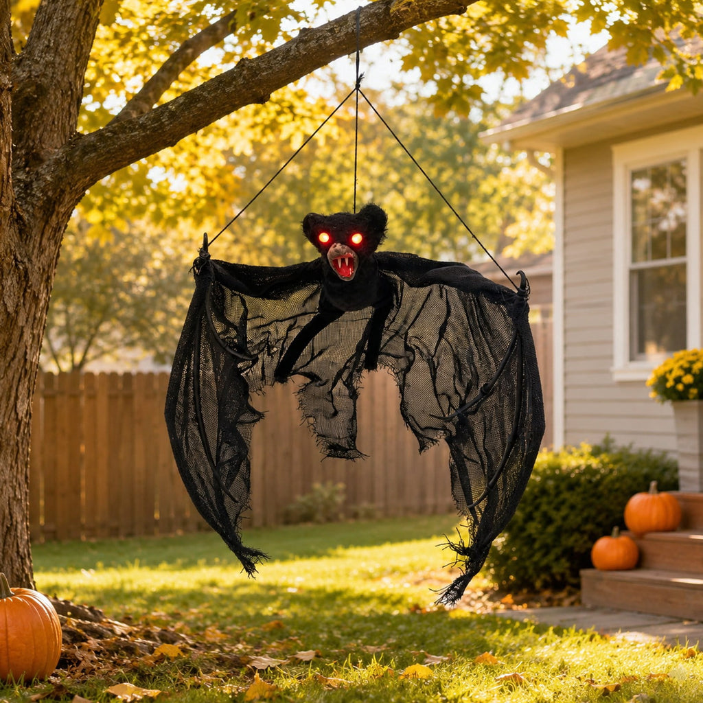 Spooksy™ Spooky Halloween Bat Hanging Prop, Large Scary Bat Decoration with LED Red Eyes, Creepy Black Bat Ornament for Halloween Haunted House, Door, Yard Decor