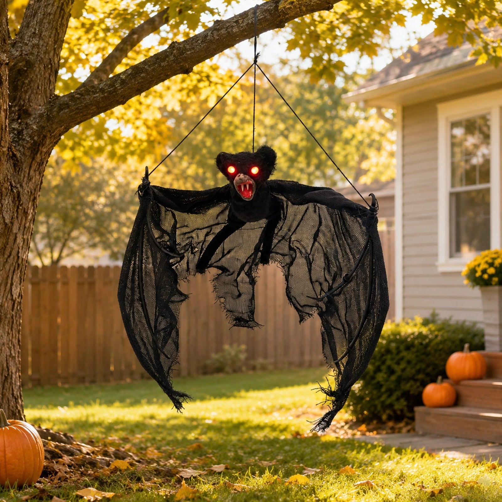 Spooksy™ Spooky Halloween Bat Hanging Prop, Large Scary Bat Decoration with LED Red Eyes, Creepy Black Bat Ornament for Halloween Haunted House, Door, Yard Decor