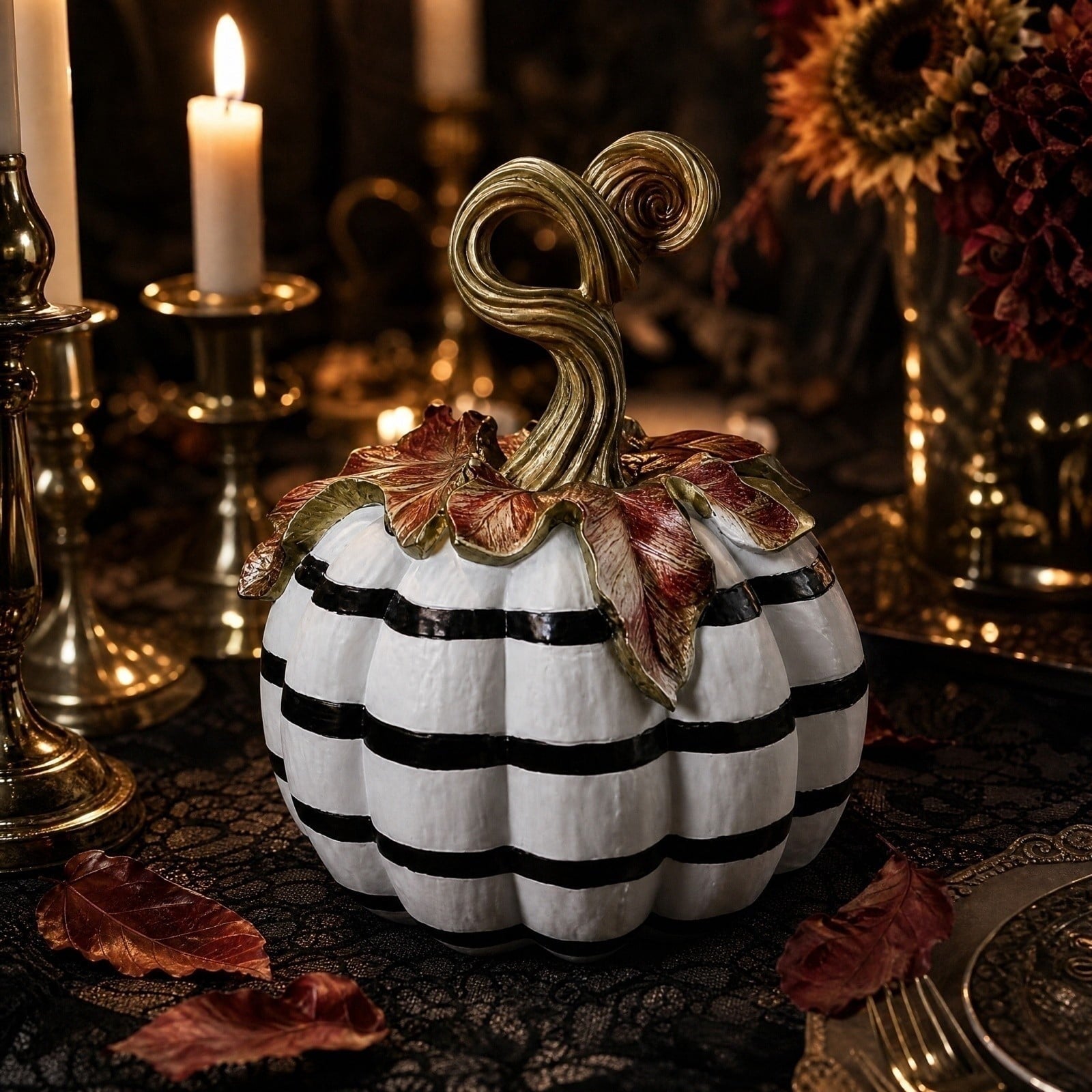 Spooksy™ GIPQJK Resin Pumpkin Decoration Sculpture, Black White Striped Halloween Ornament with Gold Bow, Retro Garden Pole Prop for Party Home Decor, 1 Piece A
