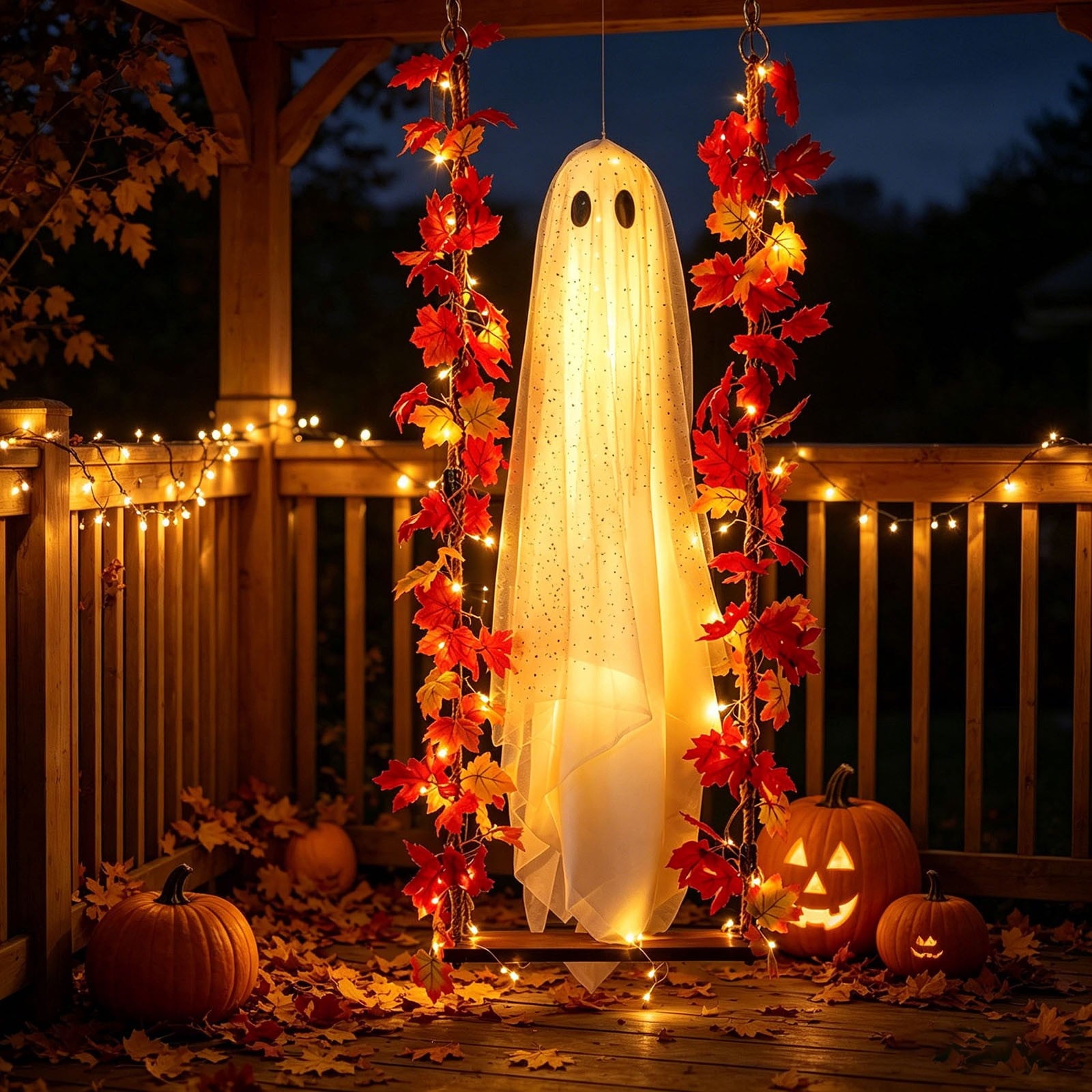 Spooksy™ Nnndbs Maple Leaf Mesh Ghost Hanging Ornament, Halloween Autumn Leaf Decor for Window Door Display, Spooky Fall Home Accent`