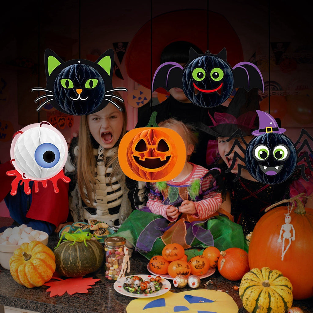 Spooksy™ Halloween Party Decorations 3D Hanging Honeycomb Ornaments Retro Pumpkin Skull Ghost Paper Ornaments Set with Hanging Rope for Indoor Haunted House Ceiling Decor 6 Pcs