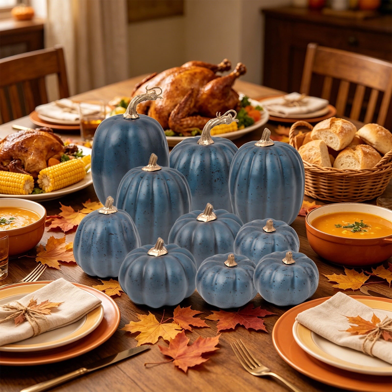 Spooksy™ Blue Artificial Pumpkins Decor Foam Pumpkin Ornament Fall Harvest Thanksgiving Halloween Mantel Tiered Tray Table Centerpiece Home Decoration Speckled Rustic Display Accent