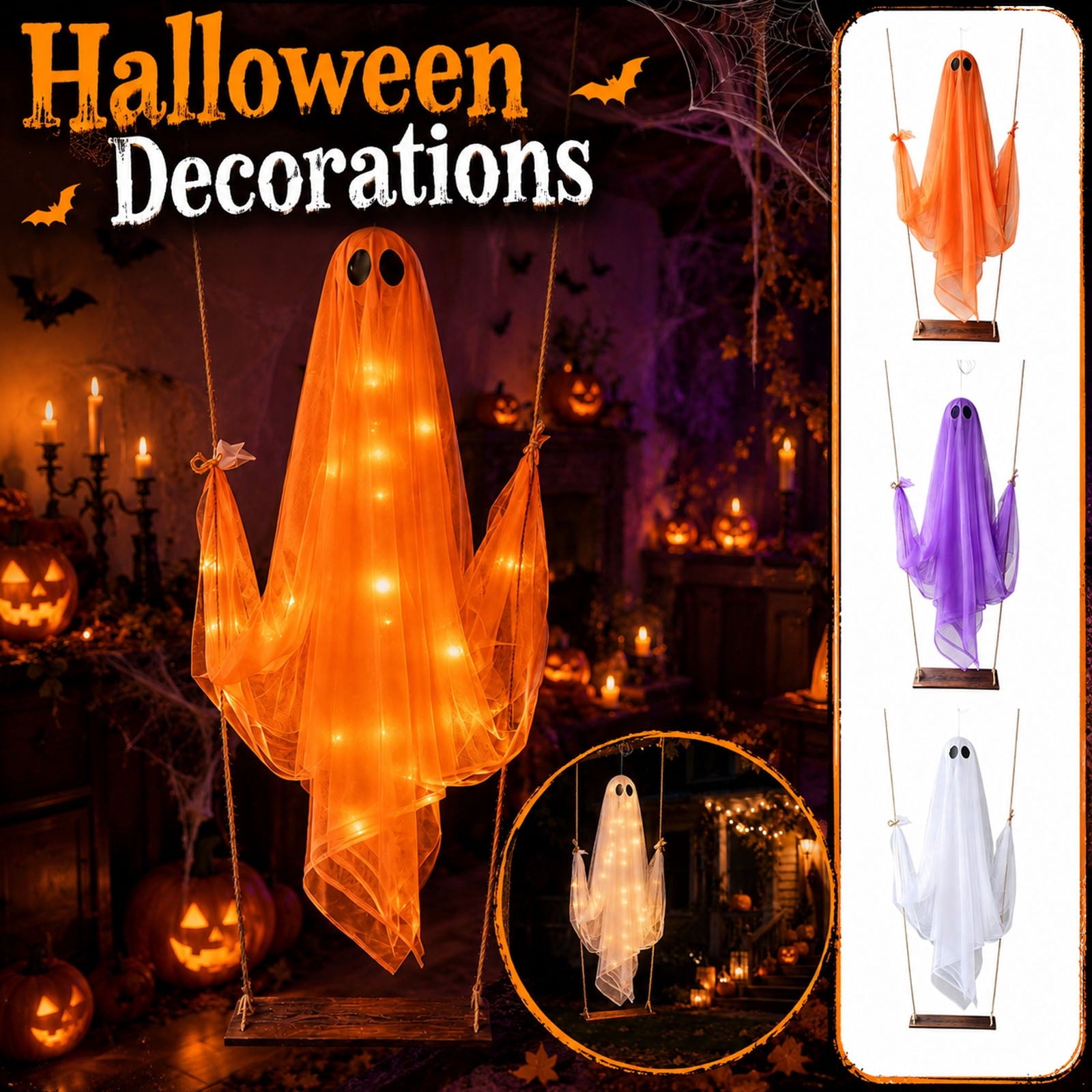 Spooksy™ Halloween Decorations Outdoor, Large Multicolor Swing Hanging Ghost Ornament Set of 3, Spooky Wind Sway Silhouette Decor for Yard Tree Porch Halloween Festival Party