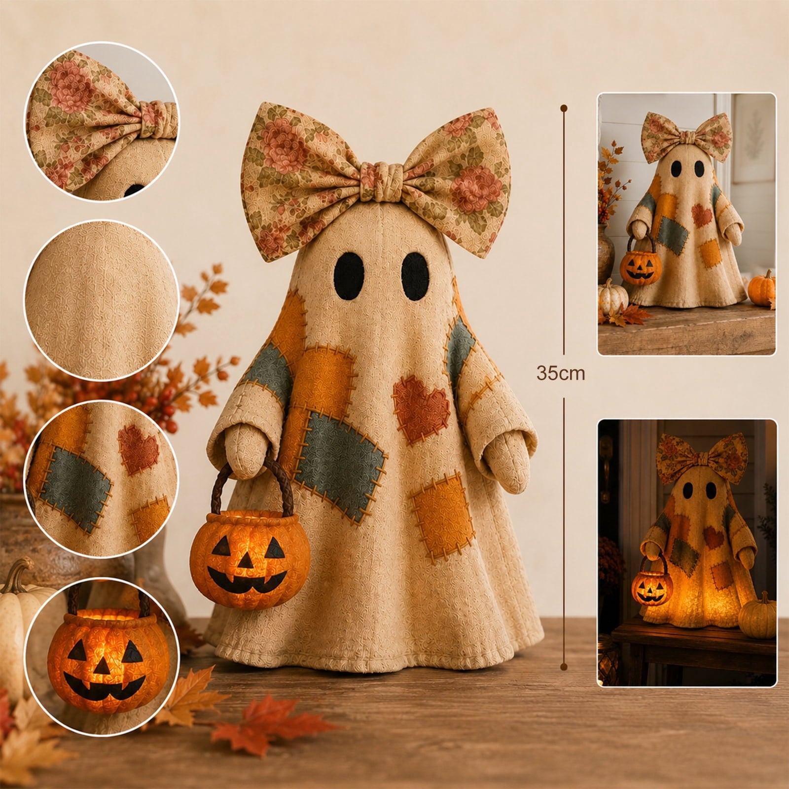 Spooksy™ 2PCS Lighted Vintage Patchwork Ghost, 13.8" Portable Glowing Ghost Design Birthday Gifts with Pumpkin Buckets, Halloween Indoor Room Decor, Floral Bow Halloween Theme Ornaments for Students