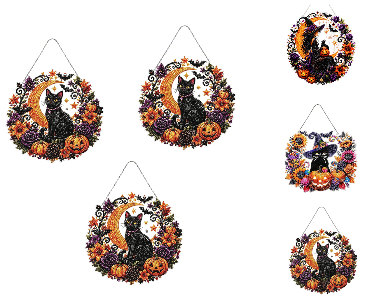 Spooksy™ 3Pcs Halloween Witch Diamond Art Hanging Ornament Kit, 8.26 Inch Halloween Black Cat Moon Diamond Art Hanging Ornament Kit, Hanging Halloween Decorations for Home, Black Cat Halloween Decor