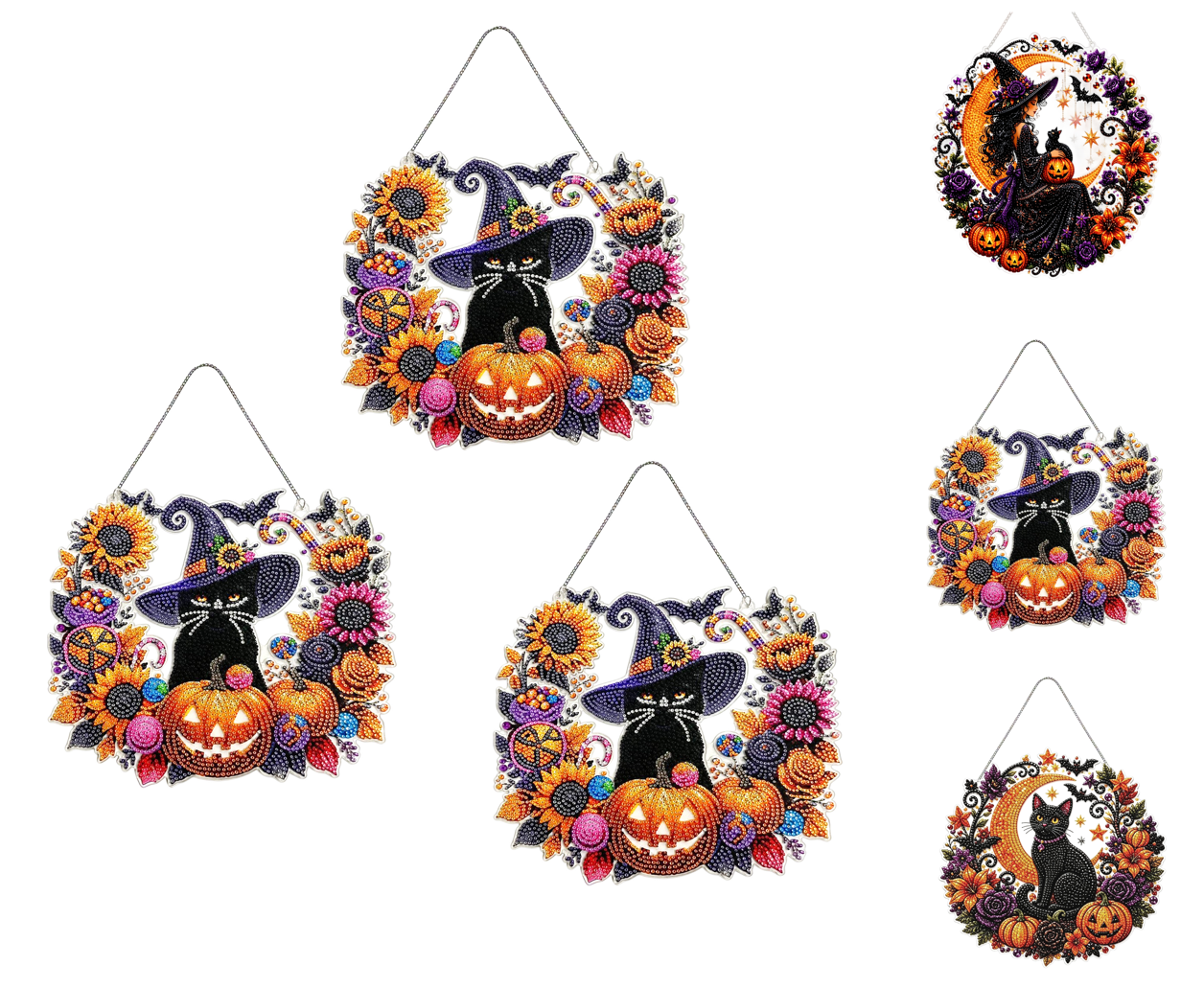 Spooksy™ 3Pcs Halloween Black Cat Moon Diamond Art Hanging Ornament Kitï¼?9.84 inch Halloween Diamond Art, Suspended Ghost Feline, Pumpkin Autumn Crafts, Double Sided Prerendered Shading Pendant