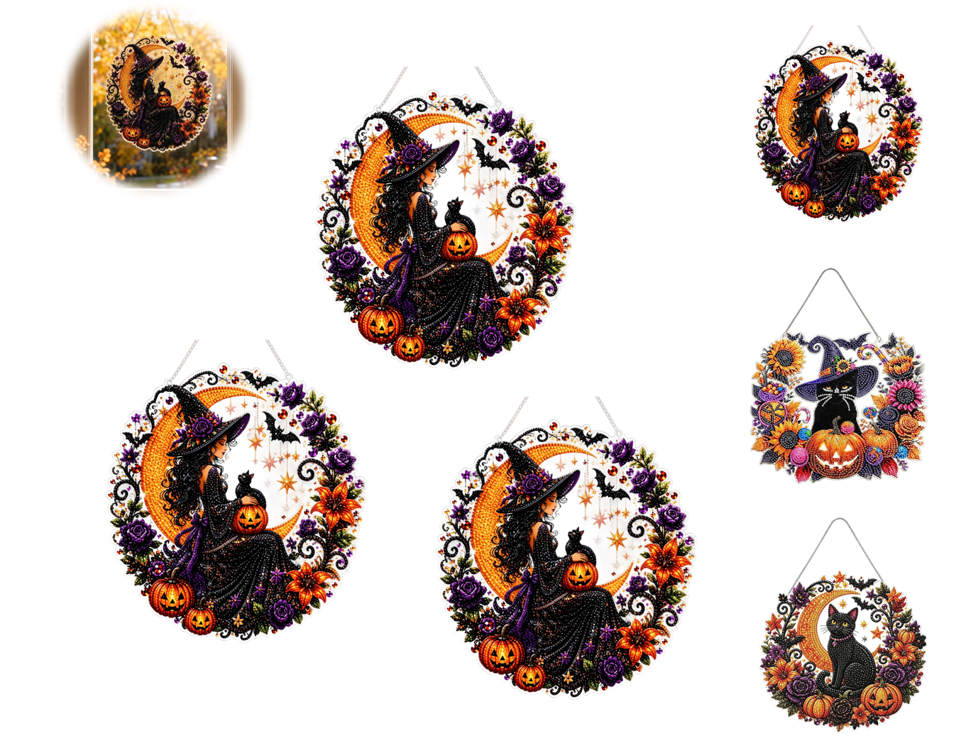 Spooksy™ 3Pcs Halloween Witch Diamond Art Hanging Ornament Kit, 8.26 Inch Halloween Black Cat Moon Diamond Art Hanging Ornament Kit, Hanging Halloween Decorations for Home, Black Cat Halloween Decor