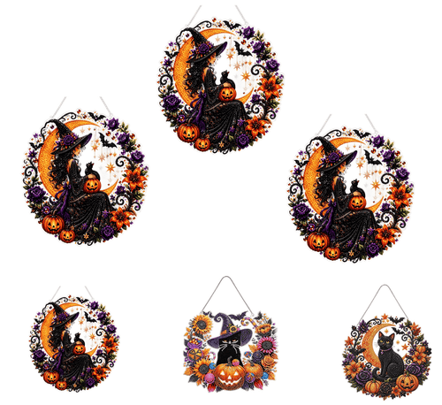 Spooksy™ 3Pcs Halloween Witch Diamond Art Hanging Ornament Kit,8.26 Inch Halloween Diamond Art, Suspended Ghost Feline, Pumpkin Autumn Crafts, Double Sided Prerendered Shading Pendant