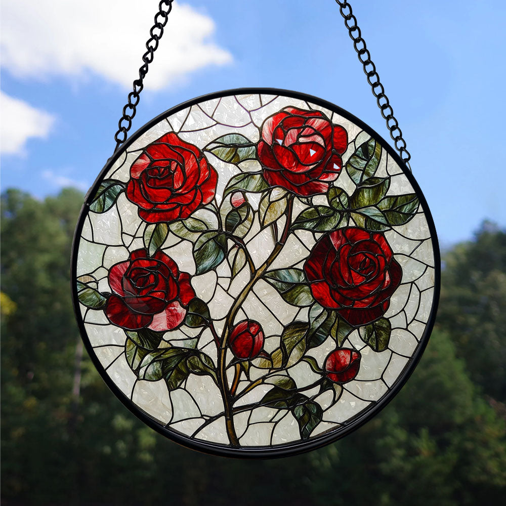 Spooksy™ Neighbor Christmas Gift - Valentine Rose Halloween Christmas Stained Glass Hanging Ornament - Red & Green Holiday Tree Decor, Gift for Friends, Family, Mom & Dad
