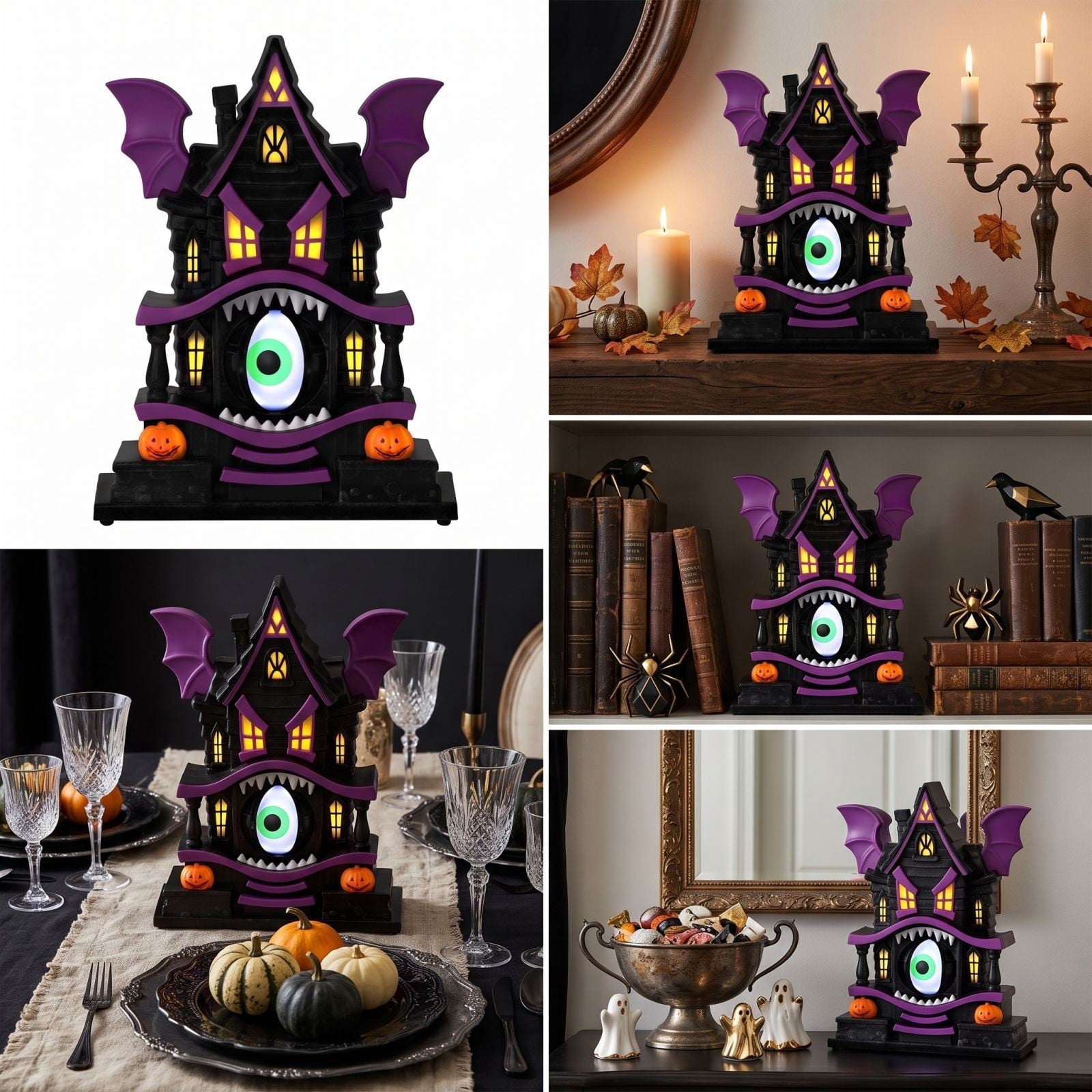 Spooksy™ Light Up Gothic Monster House Figurine, Built In Warm Internal Illumination Castle Decor, Anti Toppling Detailed Sculpted Desktop Ornament for Household Indoor Halloween Party Display