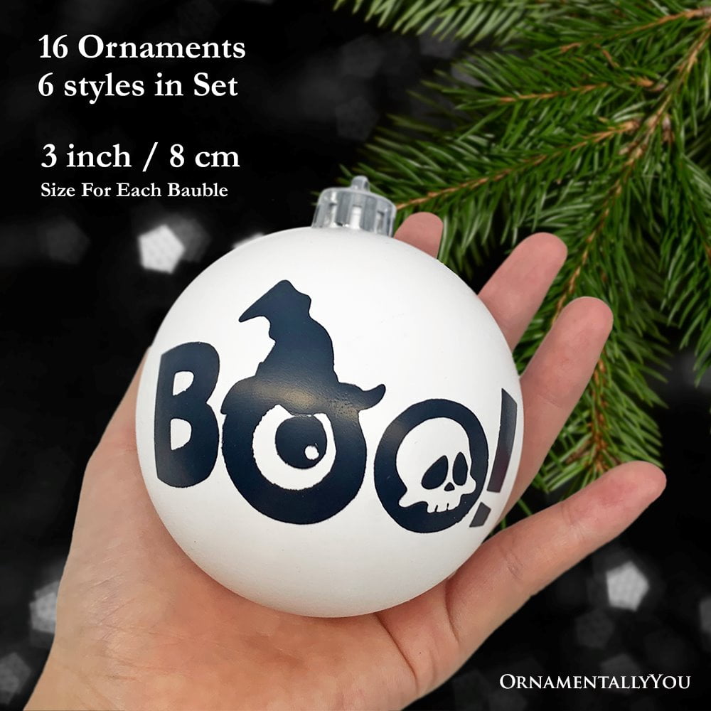 Spooksy™ Creepy Boo Assorted 16 Piece Black and White Ornament Bundle, Monochrome 3" Halloween Bauble Set