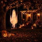 Spooksy™ Halloween Outdoor Hanging Ghost Halloween Hanging Ghost Decorations Battery Operated Swinging Ghost Prop Sheer Gauze Glowing Specter Swing Ornament for Yard Window Indoor Outdoor Display,Saffron