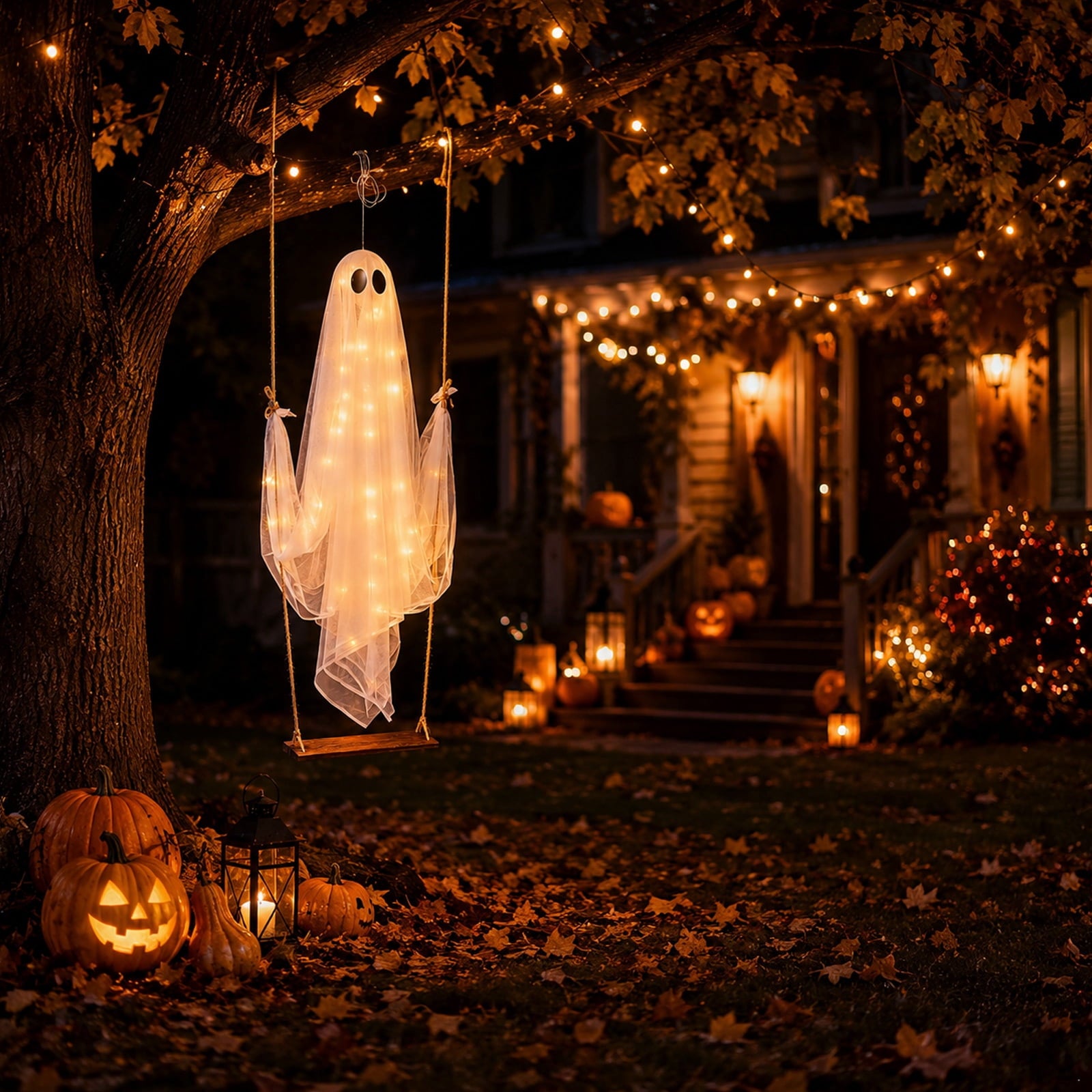 Spooksy™ Halloween Outdoor Hanging Ghost Halloween Hanging Ghost Decorations Battery Operated Swinging Ghost Prop Sheer Gauze Glowing Specter Swing Ornament for Yard Window Indoor Outdoor Display,Saffron