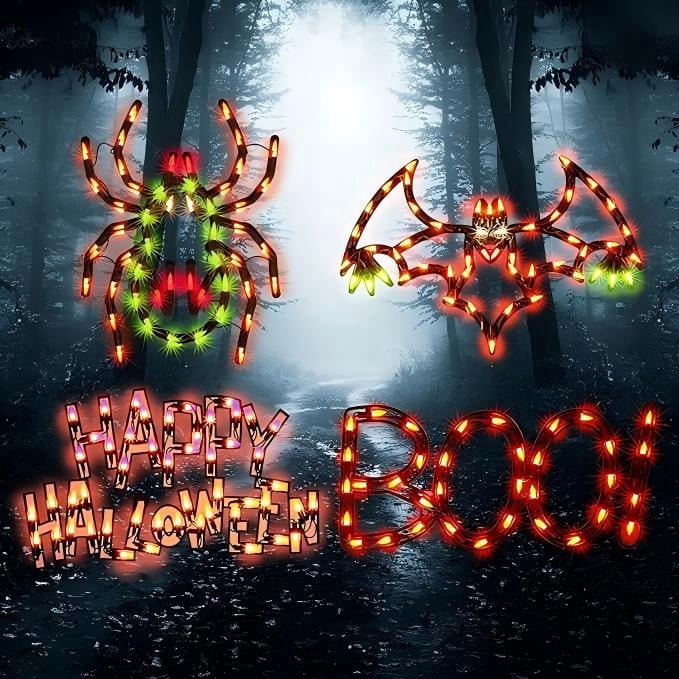 Spooksy™ 4-Pack Halloween Lighted Window Silhouette Lights, LED Hanging Ornaments with Cobweb, Pumpkin, Cat and Skull Designs