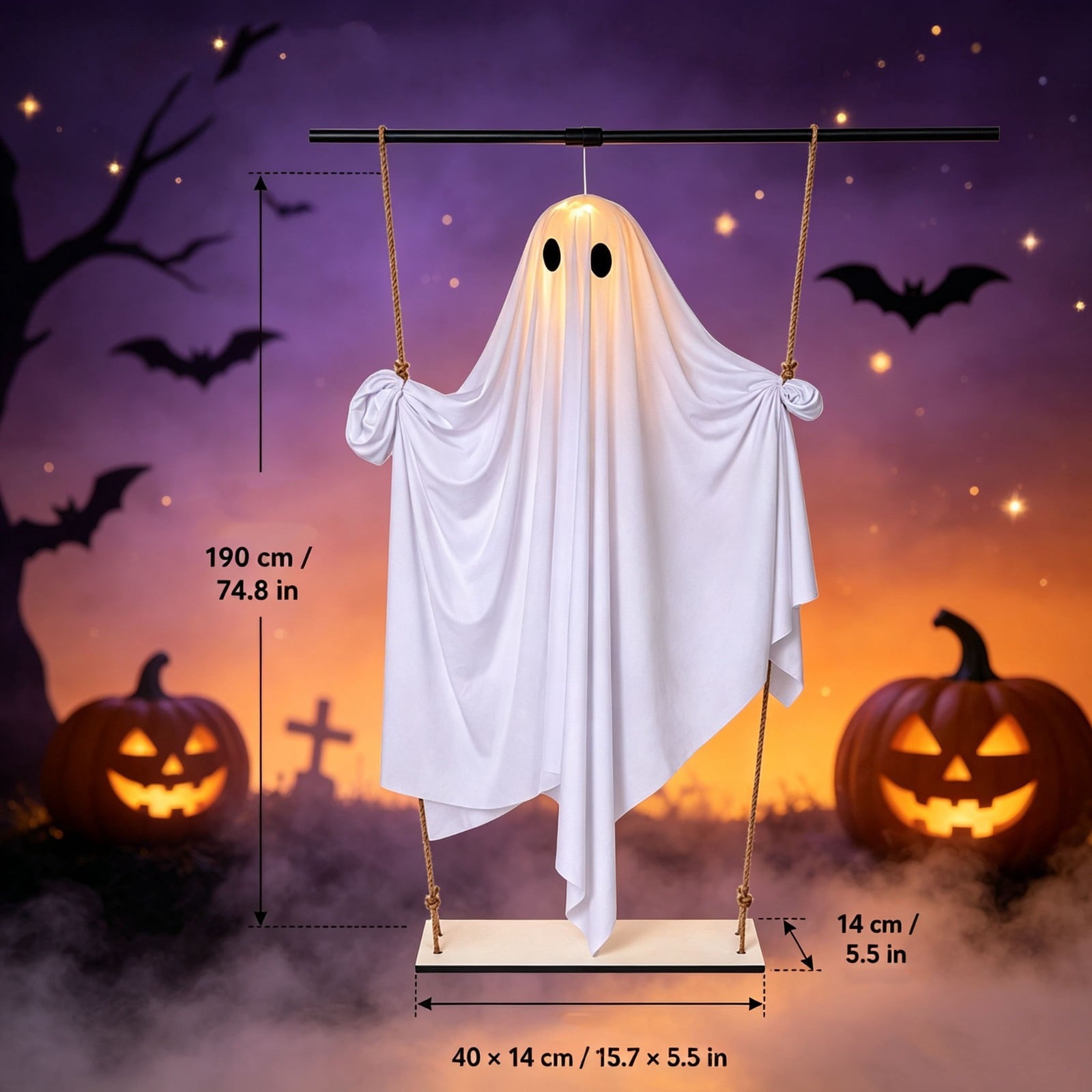 Spooksy™ Gaecuw White Halloween Hanging Ghost Decor with Lights, LED Glowing Fabric Ornament for Porch Tree, Spooky Indoor Outdoor Holiday Decoration, 74.80x15.75x5.51in