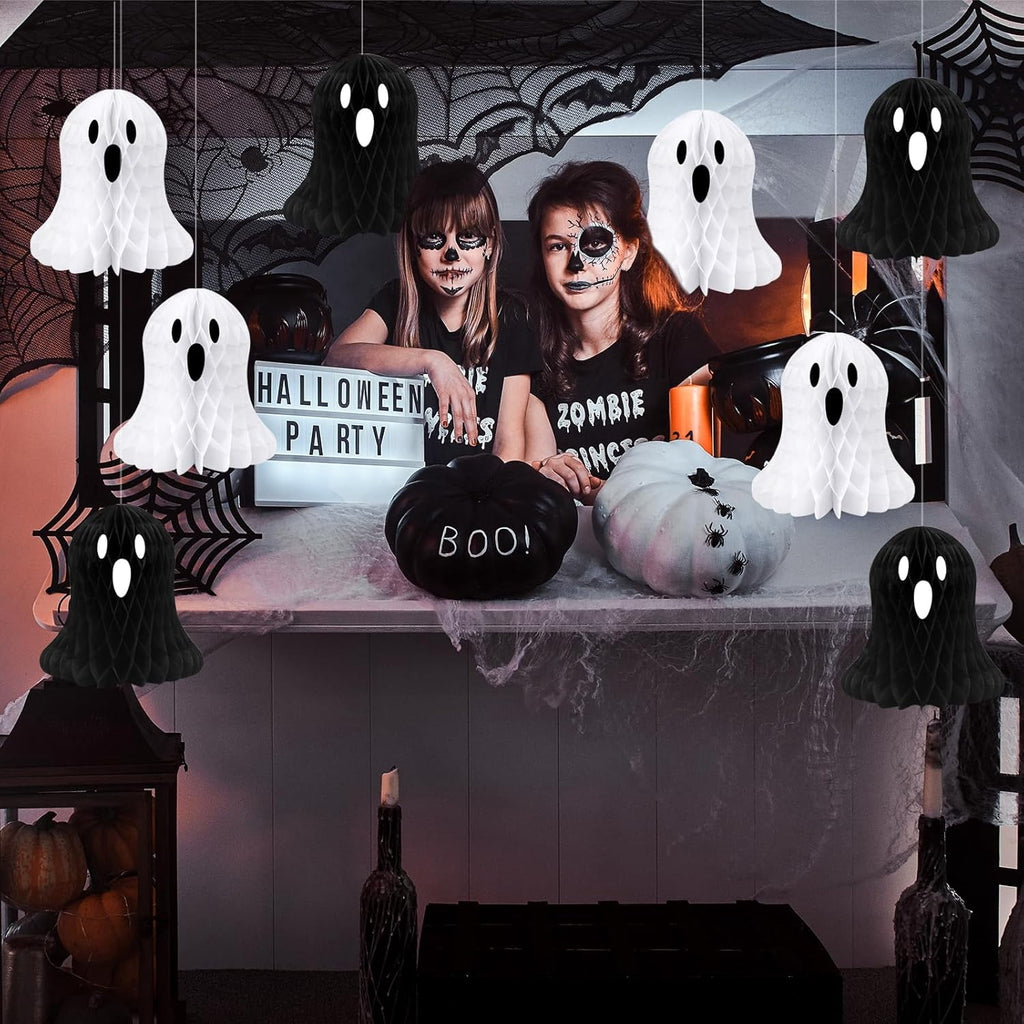 Spooksy™ 10 PCS Halloween Ornaments Hanging Cute White Black Ghost Honeycomb Decoration Halloween Tree Decorations Paper Ghost Table Decor for Home Office Classroom Holiday Party Supplies