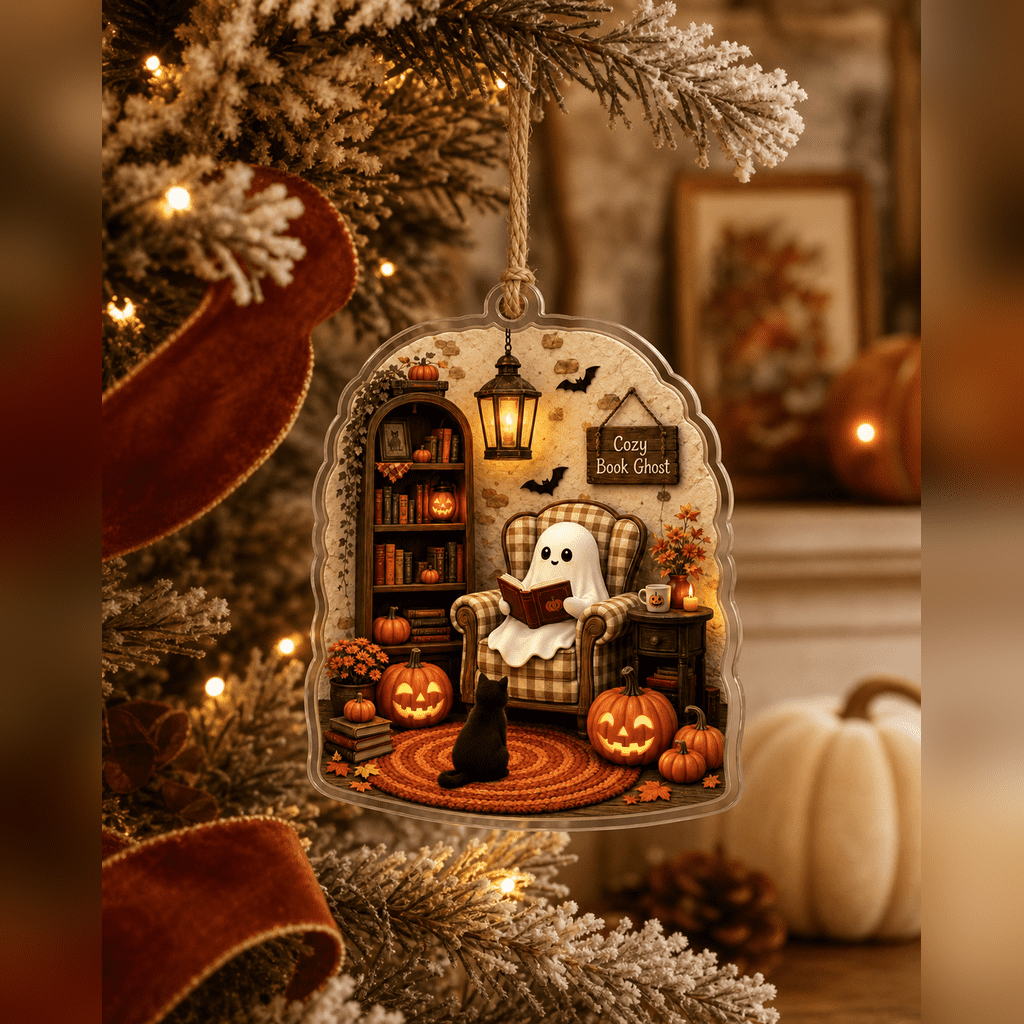 Spooksy™ Cozy Reading Ghost Book Lover Acrylic Halloween Hanging Ornament