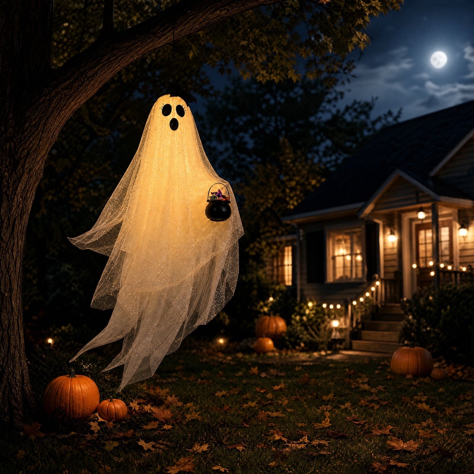 Spooksy™ Halloween Hanging Ghost Witch Hat Decorations 2 Pack Couple Ornaments, Outdoor Yard Garden Hanging Decor With Bow And Cauldron Accents, Front Porch Holiday Party Decoration