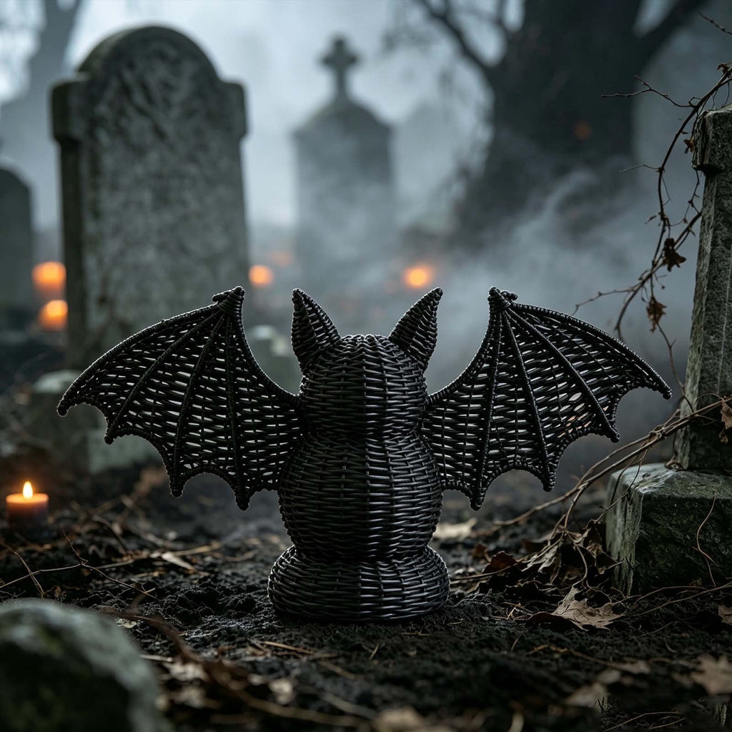 Spooksy™ SHJHENG Woven Bat Figurine â?? Black Rattan Style Halloween Decoration, Spooky Desktop Ornament for Home, Mantel, and Party Display, 7.09 Inch Tall