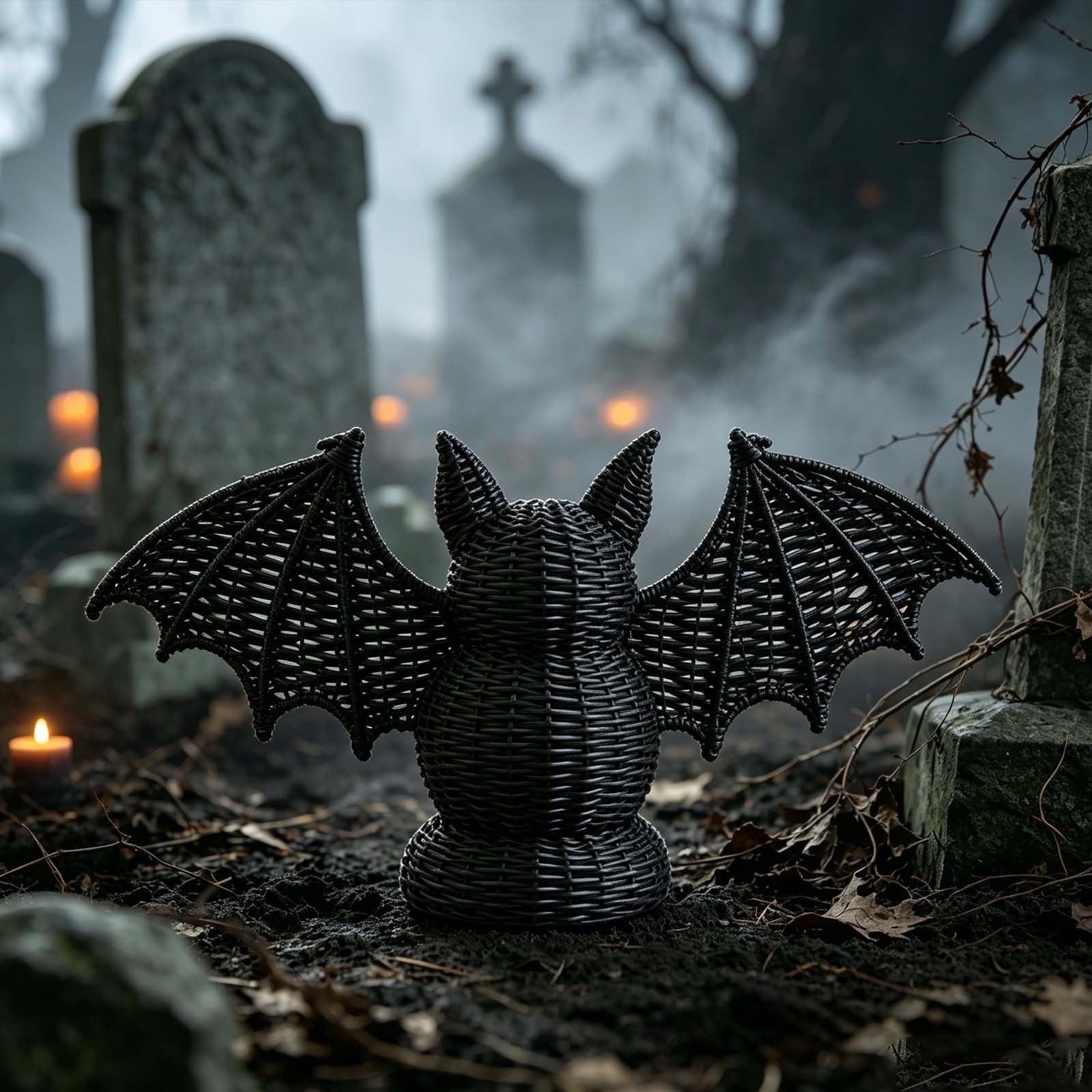 Spooksy™ SHJHENG Woven Bat Figurine â?? Black Rattan Style Halloween Decoration, Spooky Desktop Ornament for Home, Mantel, and Party Display, 7.09 Inch Tall