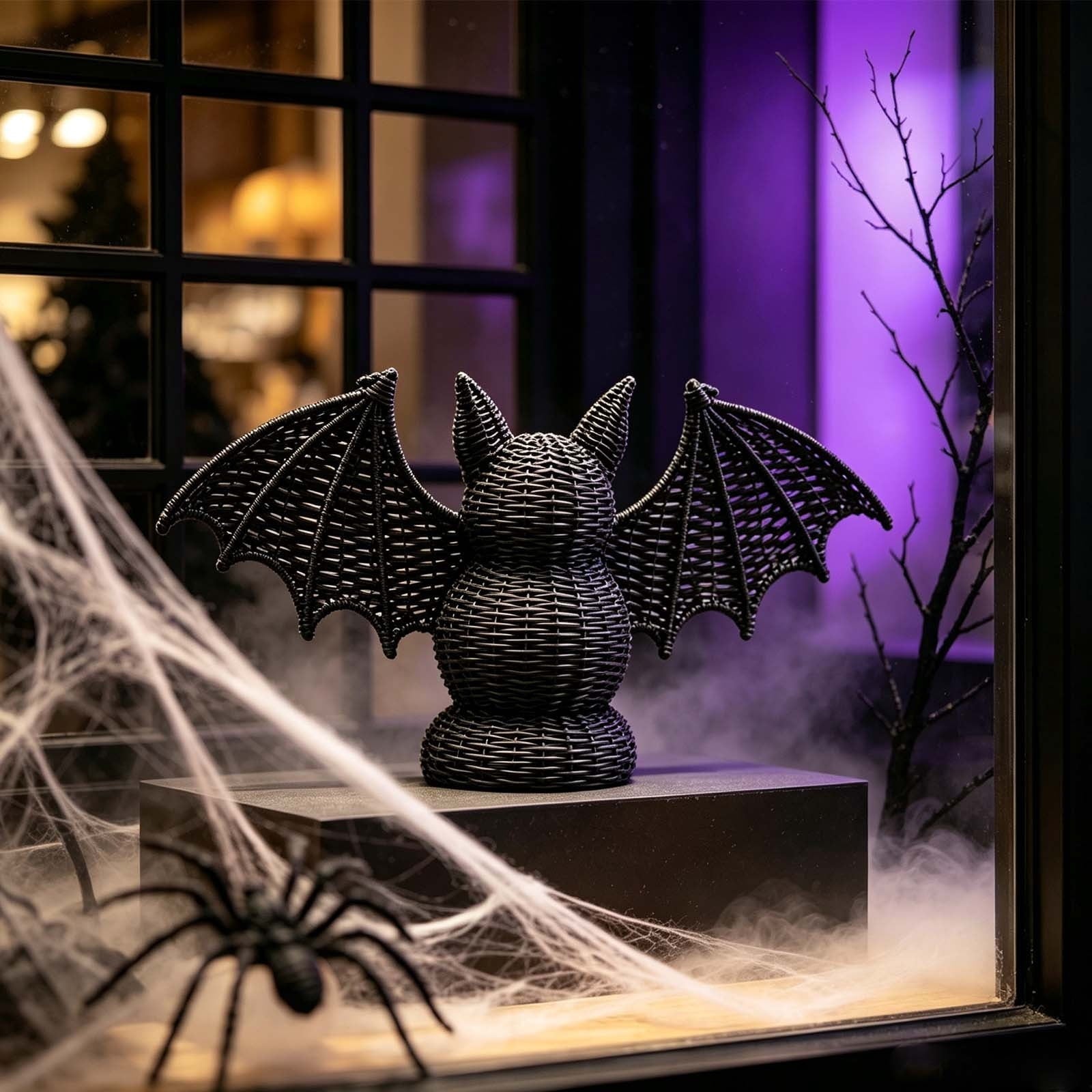 Spooksy™ SHJHENG Woven Bat Figurine â?? Black Rattan Style Halloween Decoration, Spooky Desktop Ornament for Home, Mantel, and Party Display, 7.09 Inch Tall