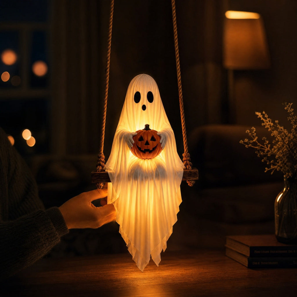Spooksy™ Halloween Swing Ghost Pumpkin Hanging Decor Warm Led Strip Cute Gentle Halloween Ornament With Wood Base Rope For Garden Tree Porch Balcony Party