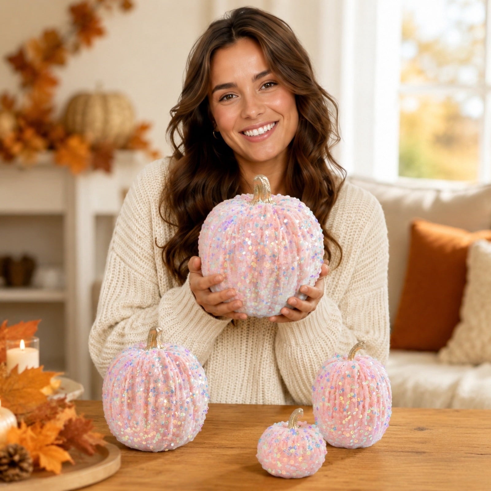 Spooksy™ Gaecuw 7 Pack Glitter Pumpkin Decor Sequin Velvet Fall Ornaments for Thanksgiving Table, Halloween Display, Mixed Sizes, Beige