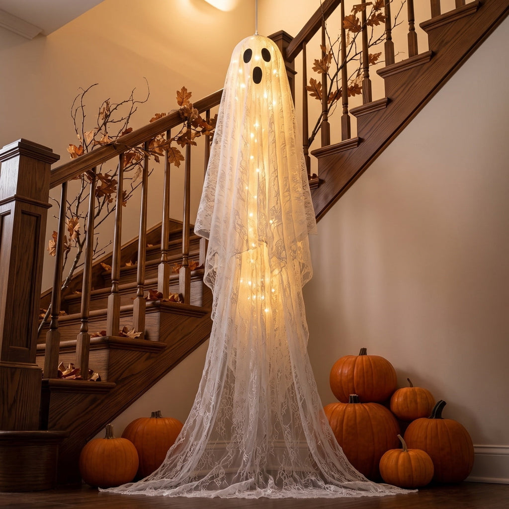 Spooksy™ Halloween Hanging Ghost Witch Hat Decorations 2 Pack Couple Ornaments, Outdoor Yard Garden Hanging Decor With Bow And Cauldron Accents, Front Porch Holiday Party Decoration