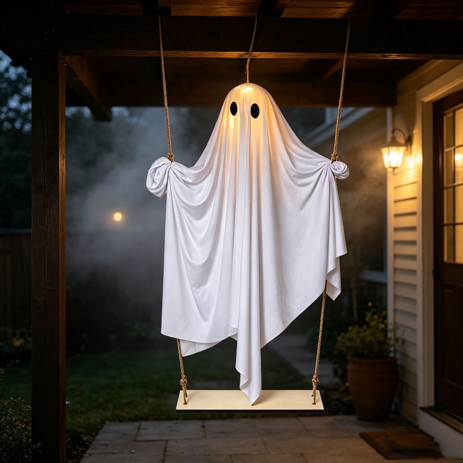 Spooksy™ Halloween Hanging Ghost Decor With Lights, Lighted White Ghost Ornament for Porch Tree Doorway Party Display, Spooky Fabric Hanging Decoration for Indoor Outdoor Holiday Scenes